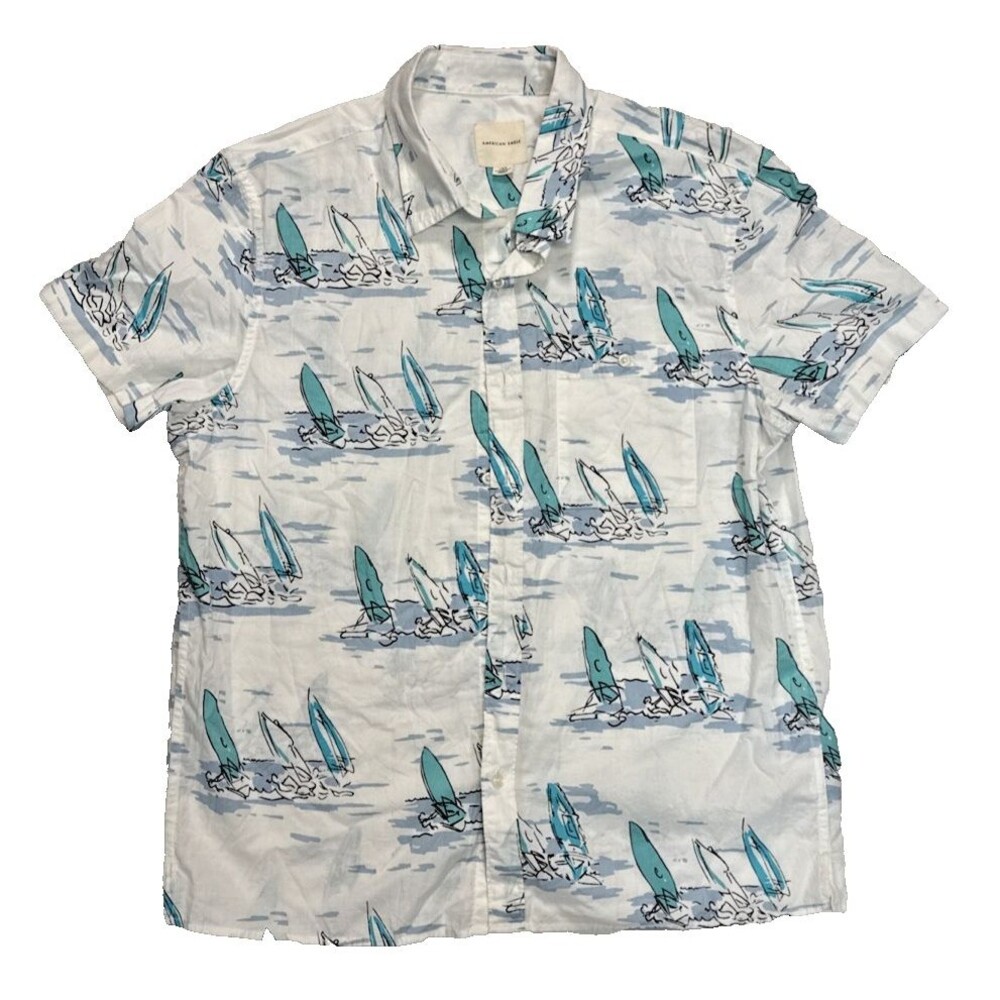 American Eagle - Mens Short Sleeve Button - White - Sailboats Print - L